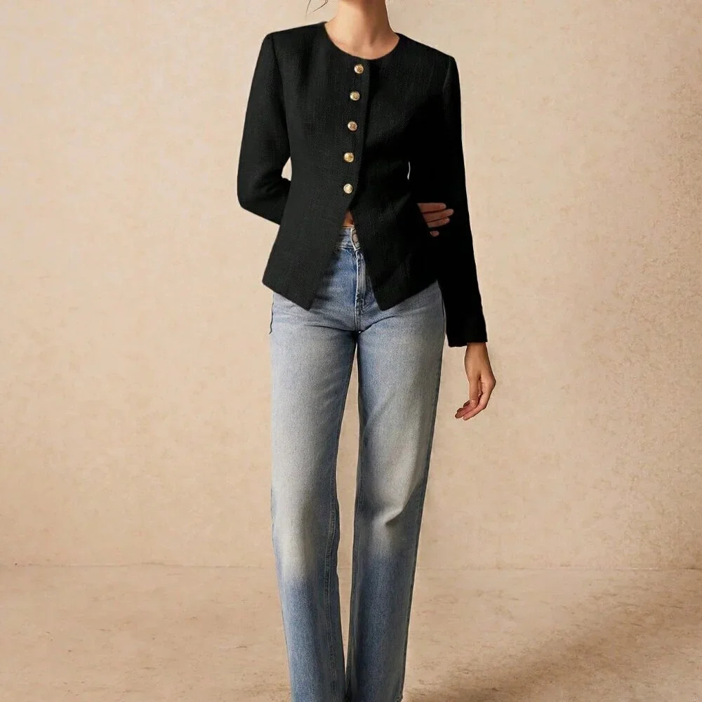 Black Elegant Women's Round Neck Split Cuff Jacket - Picture 6 of 7